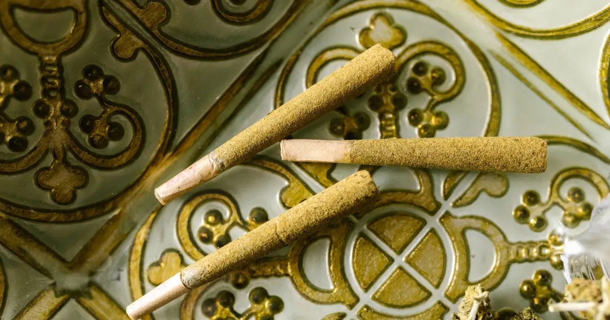 Three filled pre-rolled cones on a patterned tray